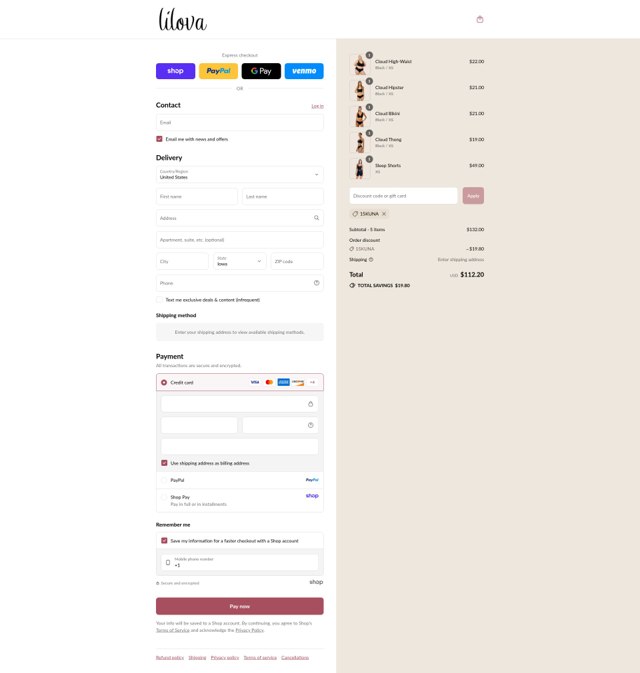 Lilova checkout page showing Lilova discount code box | Screenshot taken by SimplyCodes community member on Sep 2, 2025