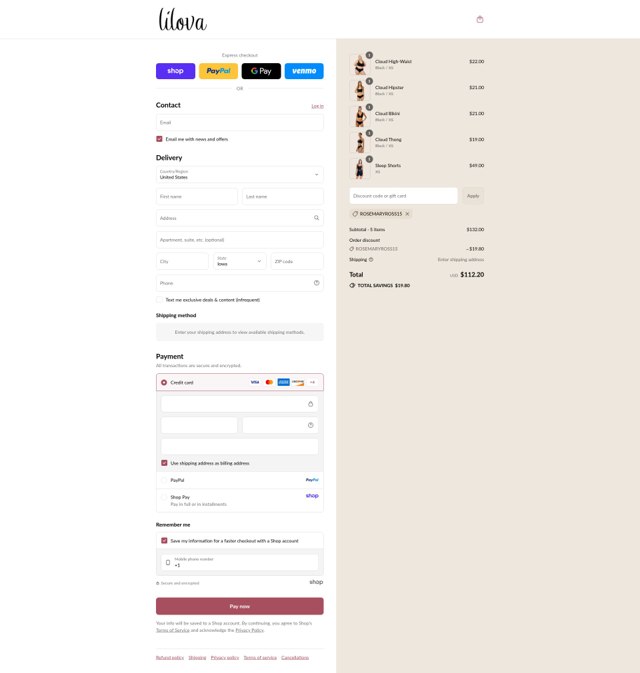Lilova checkout page showing Lilova discount code box | Screenshot taken by SimplyCodes community member on Sep 2, 2025