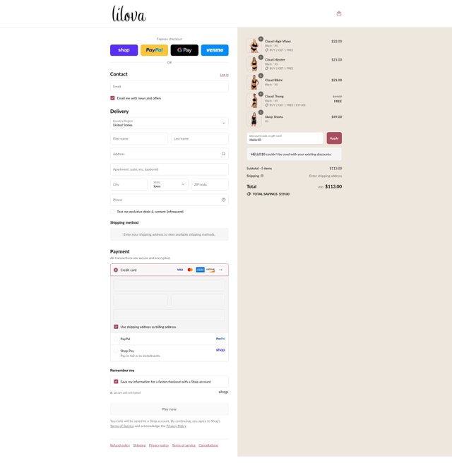 Lilova checkout page showing Lilova discount code box | Screenshot taken by SimplyCodes community member on Sep 2, 2025