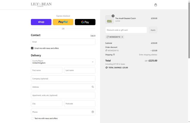 Lily and Bean checkout page showing Lily and Bean promo code box | Screenshot taken by SimplyCodes community member on Sep 3, 2025