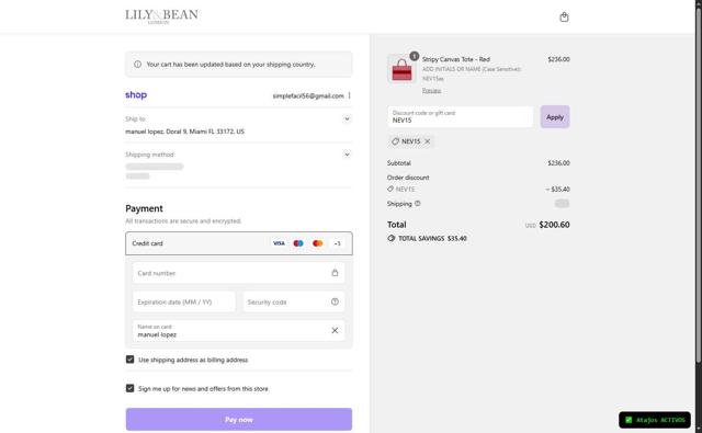 Lily and Bean checkout page showing Lily and Bean promo code box | Screenshot taken by SimplyCodes community member on Sep 10, 2025