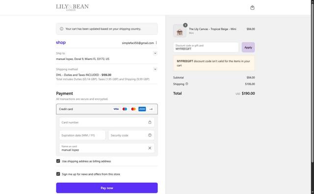 Lily and Bean checkout page showing Lily and Bean promo code box | Screenshot taken by SimplyCodes community member on Sep 4, 2025