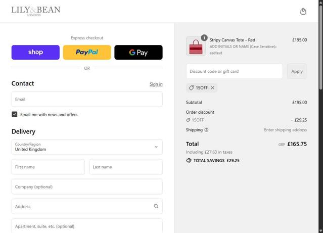 Lily and Bean checkout page showing Lily and Bean promo code box | Screenshot taken by SimplyCodes community member on Sep 14, 2025