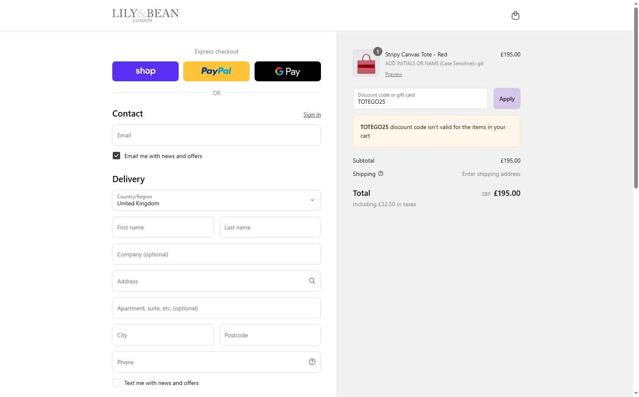 Lily and Bean checkout page showing Lily and Bean promo code box | Screenshot taken by SimplyCodes community member on Sep 9, 2025