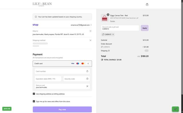 Lily and Bean checkout page showing Lily and Bean promo code box | Screenshot taken by SimplyCodes community member on Sep 14, 2025