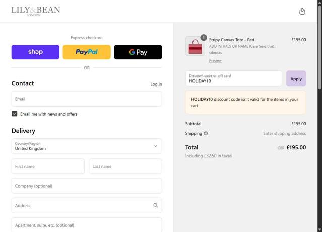 Lily and Bean checkout page showing Lily and Bean promo code box | Screenshot taken by SimplyCodes community member on Sep 3, 2025