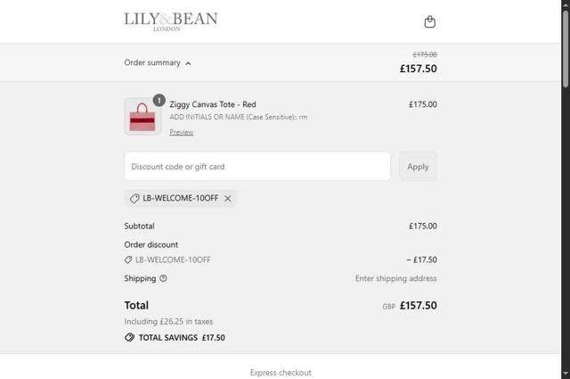 Lily and Bean checkout page showing Lily and Bean promo code box | Screenshot taken by SimplyCodes community member on Sep 12, 2025