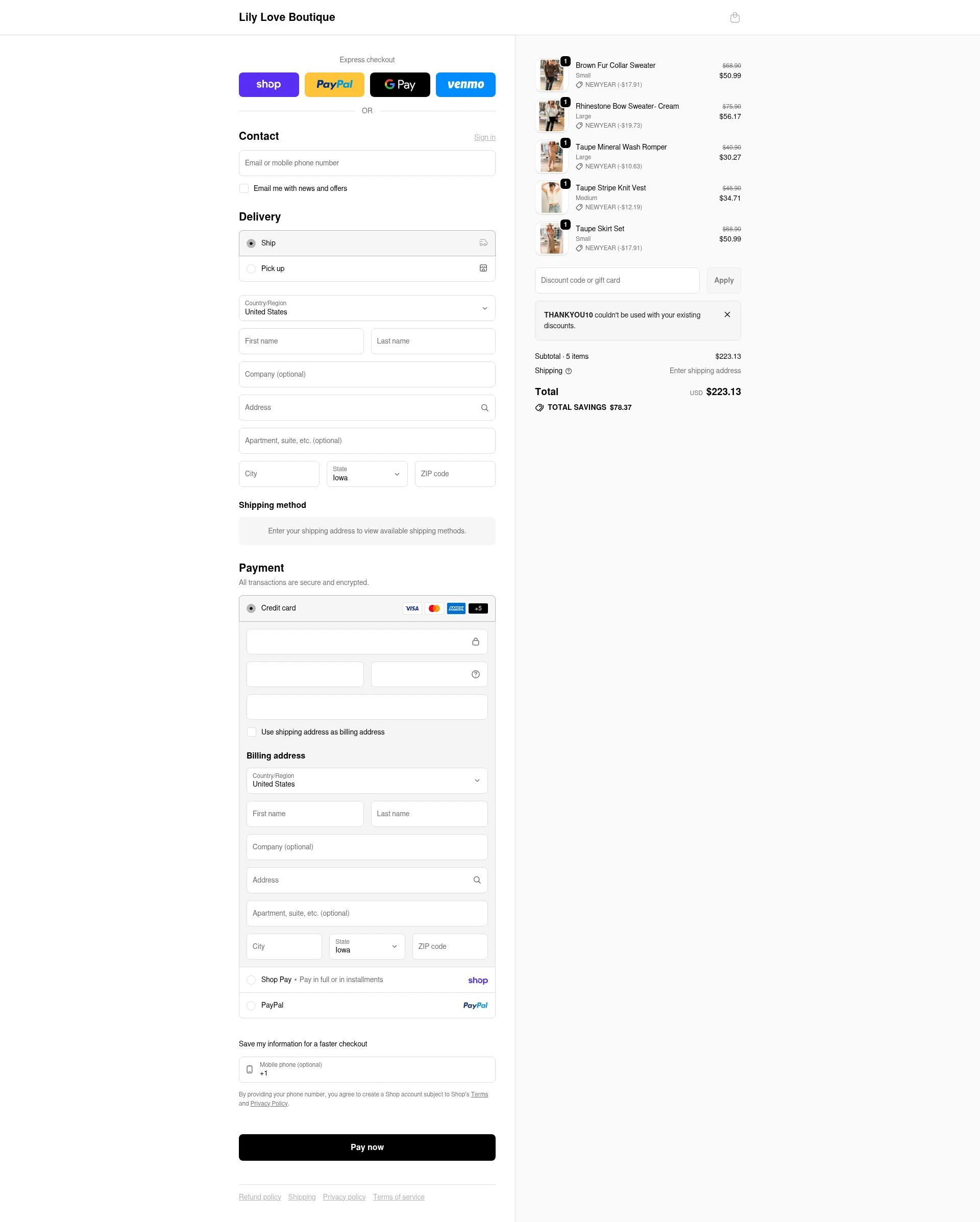 Lily Love Boutique checkout page showing Lily Love Boutique promo code box | Screenshot taken by SimplyCodes community member on Feb 7, 2026