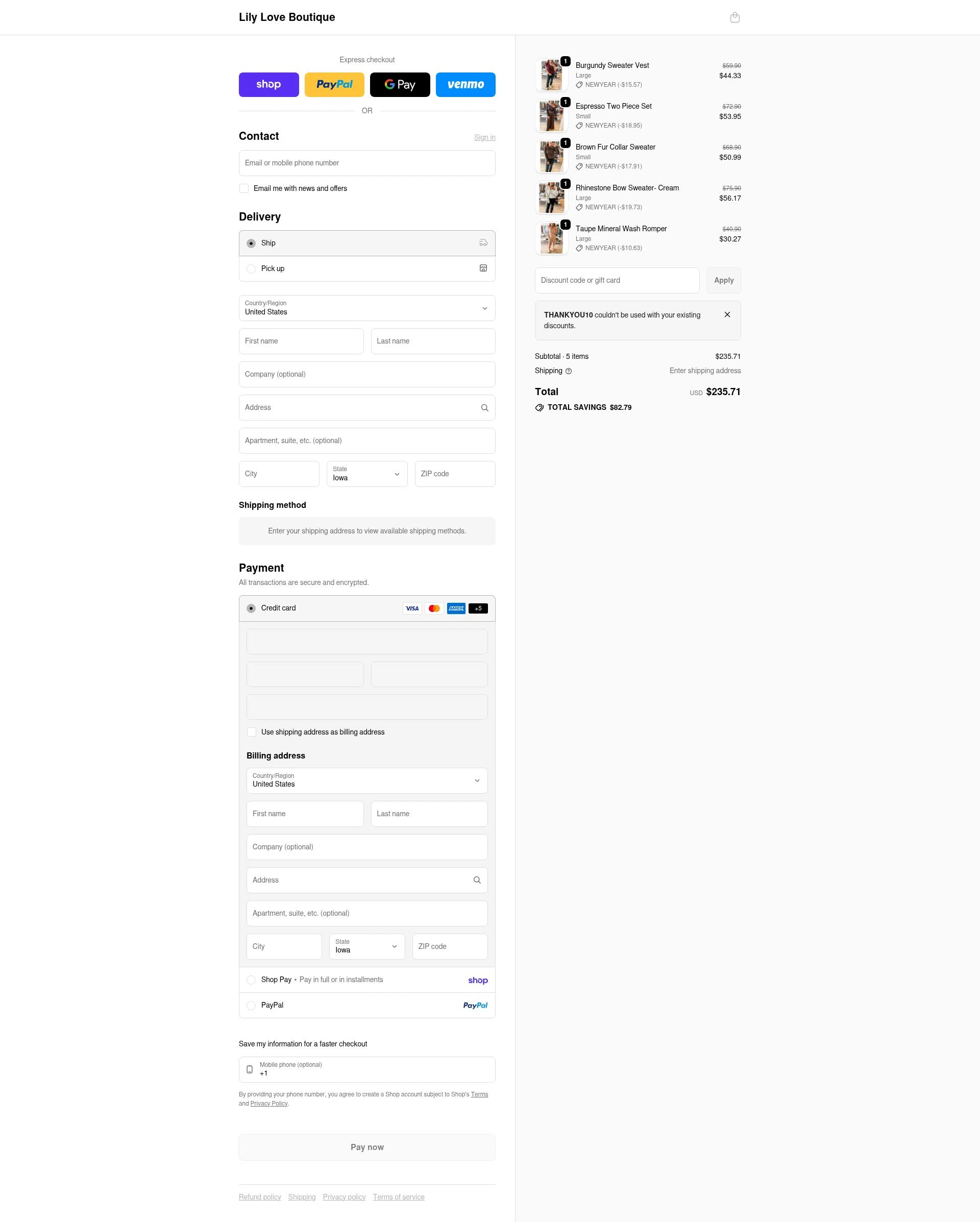Lily Love Boutique checkout page showing Lily Love Boutique promo code box | Screenshot taken by SimplyCodes community member on Feb 20, 2026
