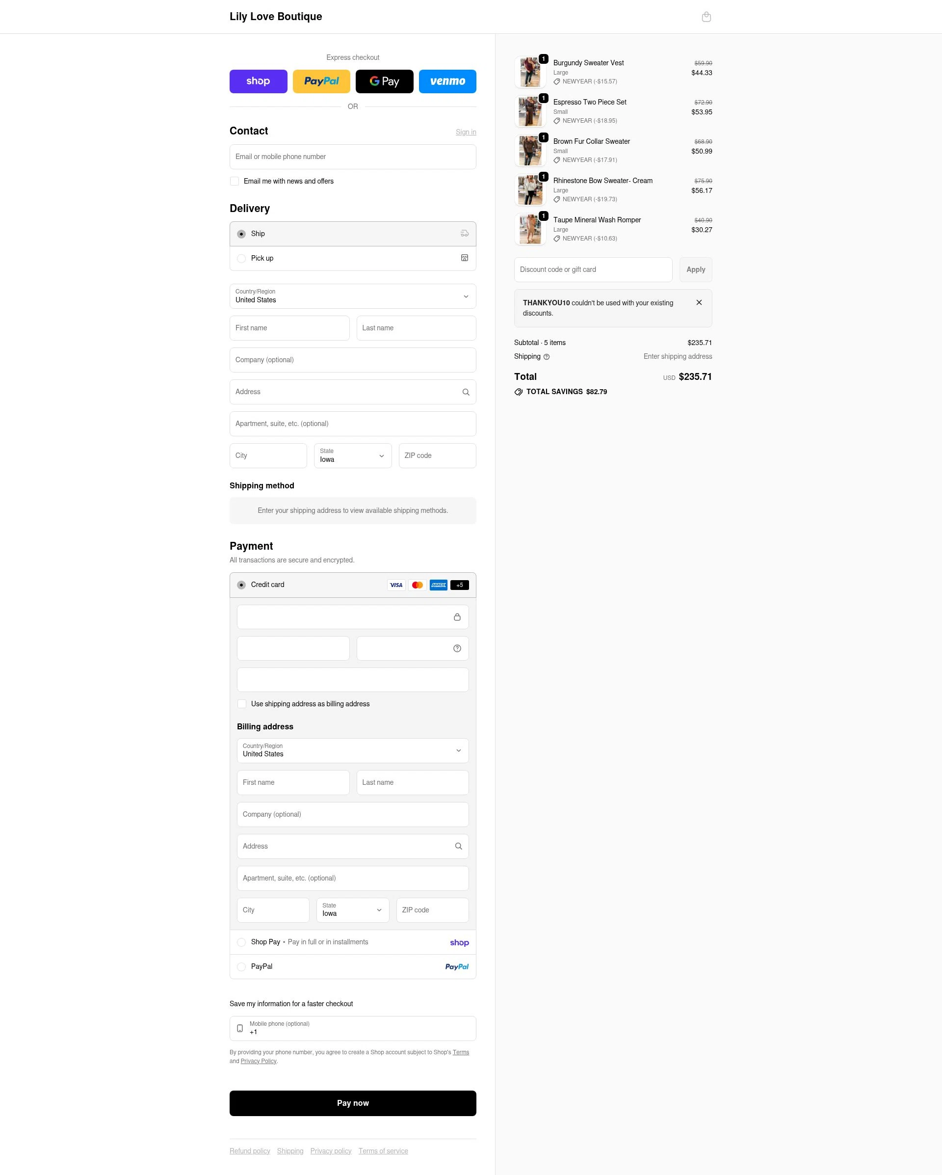 Lily Love Boutique checkout page showing Lily Love Boutique promo code box | Screenshot taken by SimplyCodes community member on Feb 10, 2026