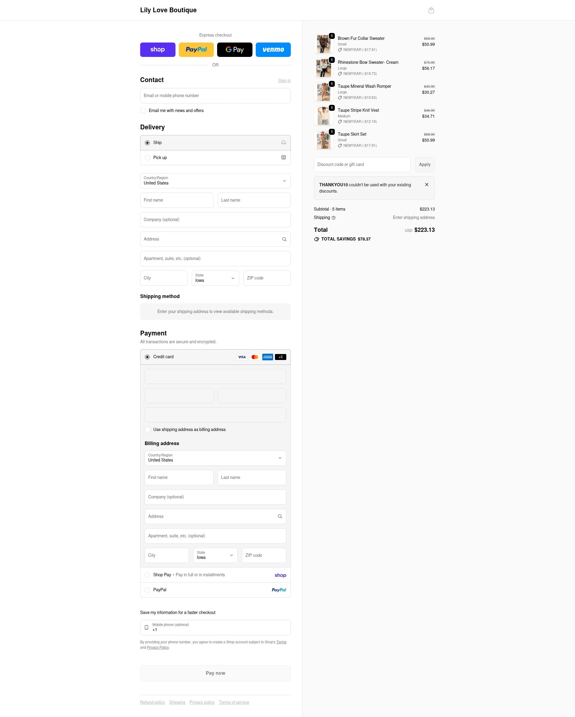 Lily Love Boutique checkout page showing Lily Love Boutique promo code box | Screenshot taken by SimplyCodes community member on Feb 3, 2026