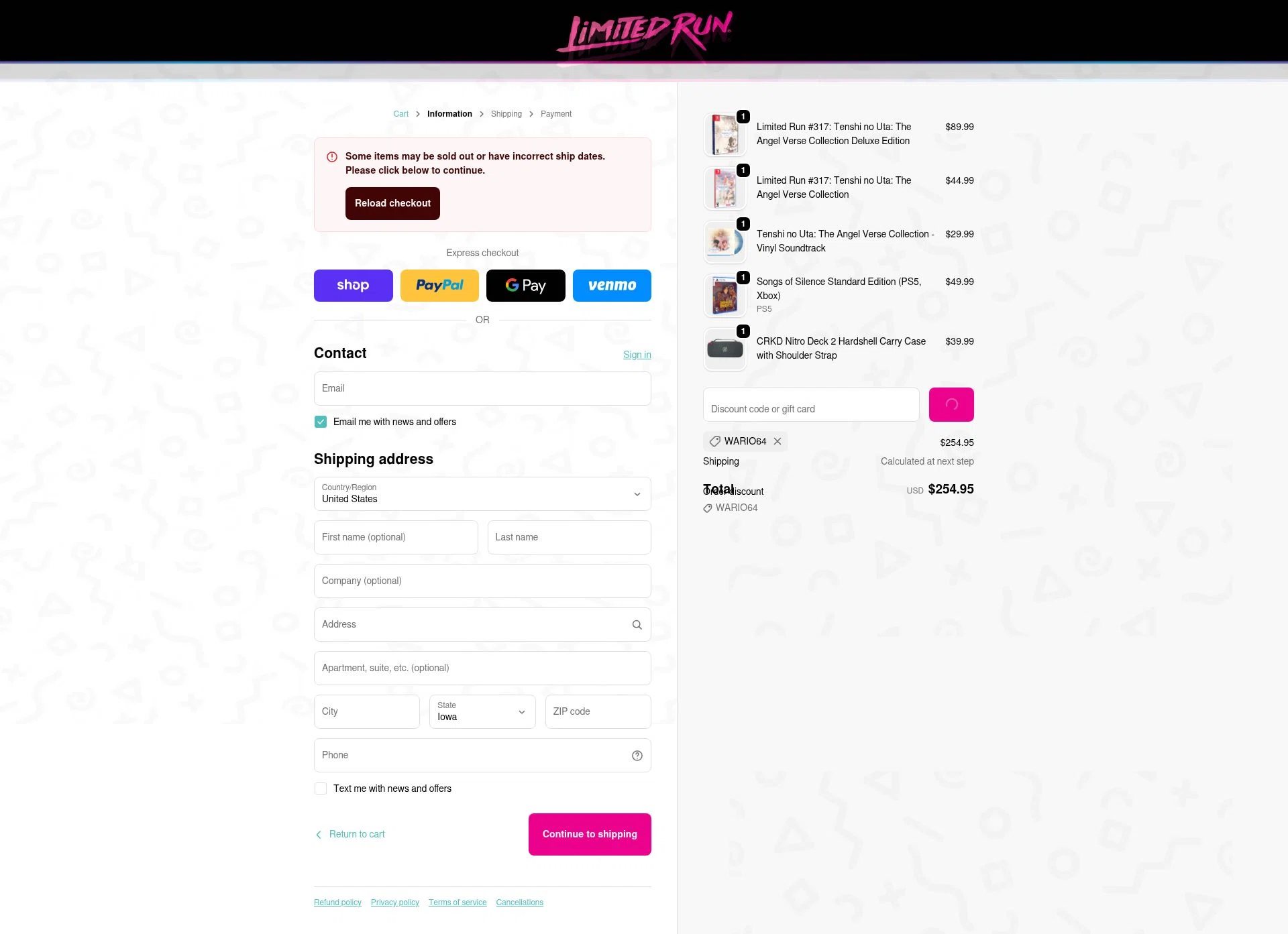 Limited Run Games checkout page showing Limited Run Games discount code box | Screenshot taken by SimplyCodes community member on Jan 21, 2026