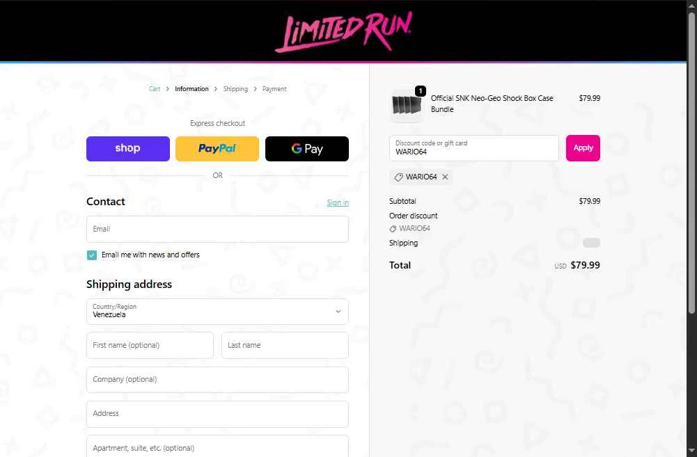 Limited Run Games checkout page showing Limited Run Games discount code box | Screenshot taken by SimplyCodes community member on Jan 24, 2026