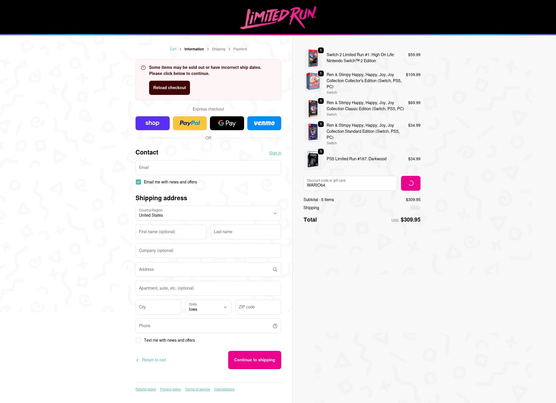 Limited Run Games checkout page showing Limited Run Games discount code box | Screenshot taken by SimplyCodes community member on Feb 17, 2026