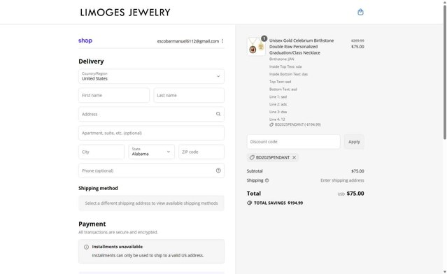 Limoges Jewelry checkout page showing Limoges Jewelry coupon code box | Screenshot taken by SimplyCodes community member on Aug 31, 2025