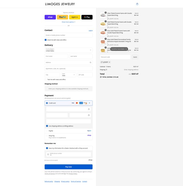 Limoges Jewelry checkout page showing Limoges Jewelry coupon code box | Screenshot taken by SimplyCodes community member on Sep 4, 2025