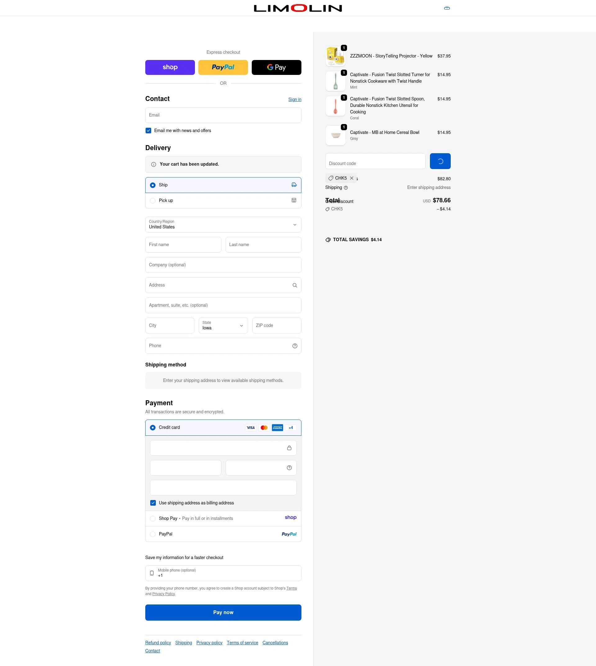 Limolin checkout page showing Limolin promo code box | Screenshot taken by SimplyCodes community member on Jan 11, 2026