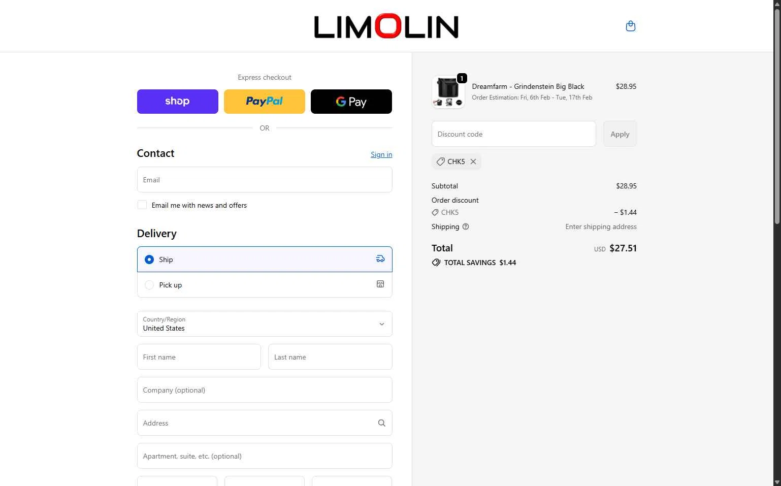 Limolin checkout page showing Limolin promo code box | Screenshot taken by SimplyCodes community member on Feb 4, 2026