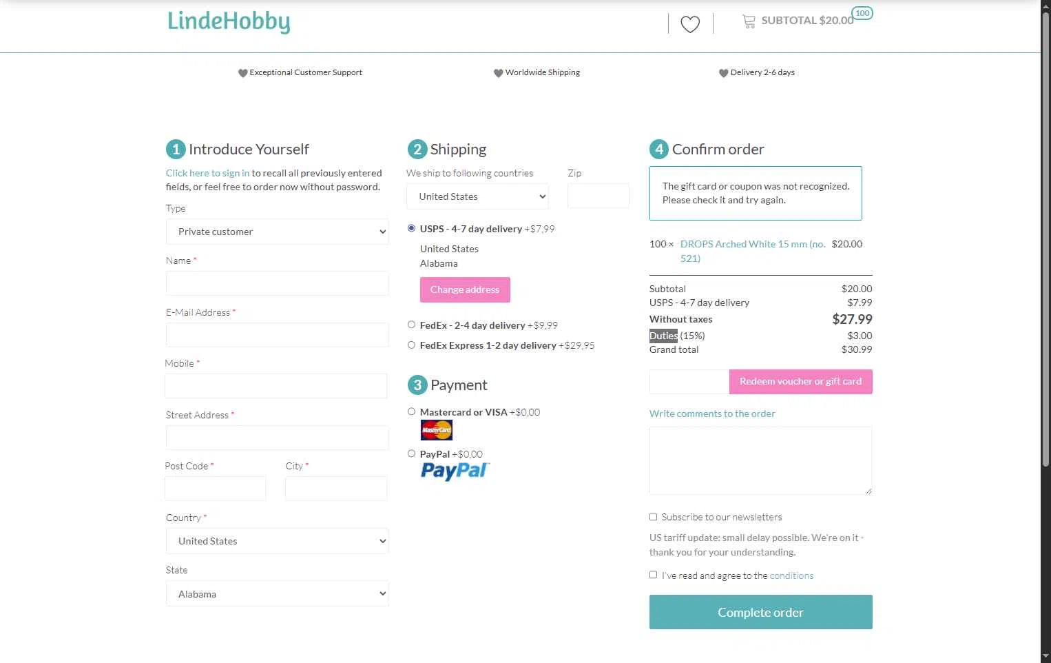 LindeHobby checkout page showing LindeHobby discount code box | Screenshot taken by SimplyCodes community member on Nov 15, 2025