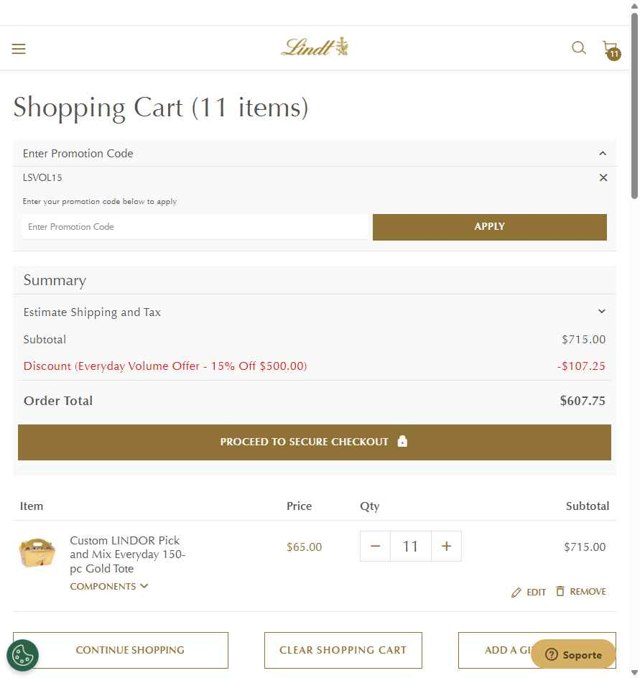 Lindt USA checkout page showing Lindt USA promo code box | Screenshot taken by SimplyCodes community member on Aug 22, 2025