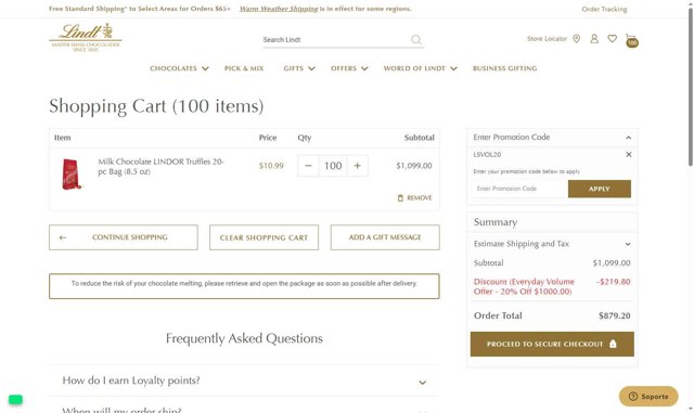 Lindt USA checkout page showing Lindt USA promo code box | Screenshot taken by SimplyCodes community member on Aug 25, 2025