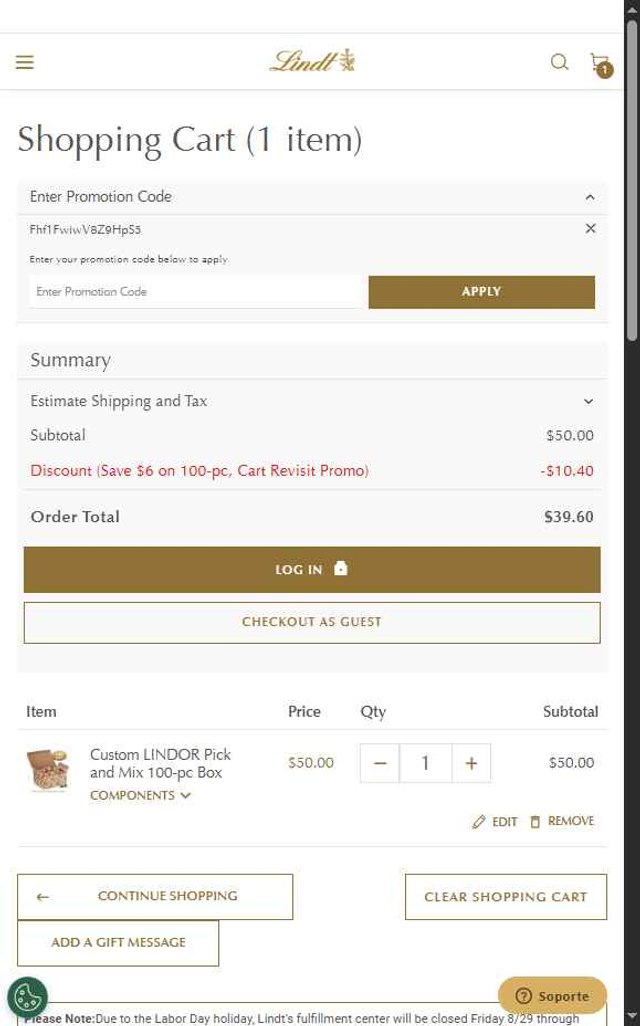 Lindt USA checkout page showing Lindt USA promo code box | Screenshot taken by SimplyCodes community member on Aug 30, 2025