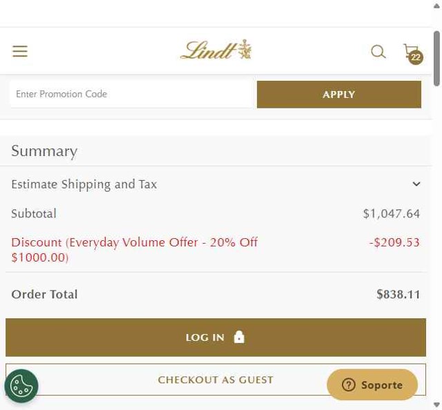 Lindt USA checkout page showing Lindt USA promo code box | Screenshot taken by SimplyCodes community member on Aug 16, 2025
