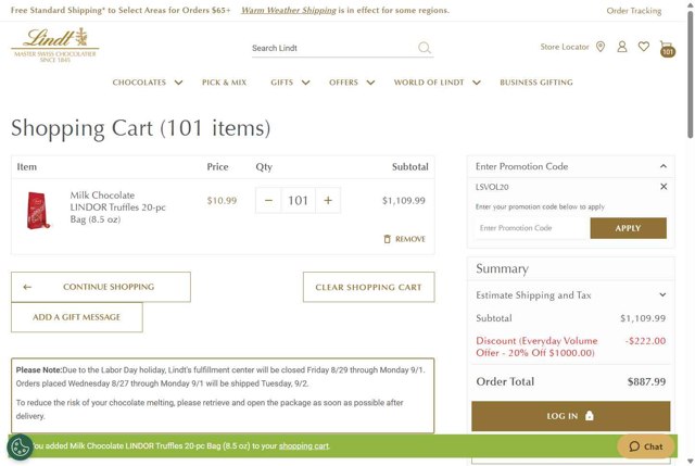 Lindt USA checkout page showing Lindt USA promo code box | Screenshot taken by SimplyCodes community member on Sep 1, 2025