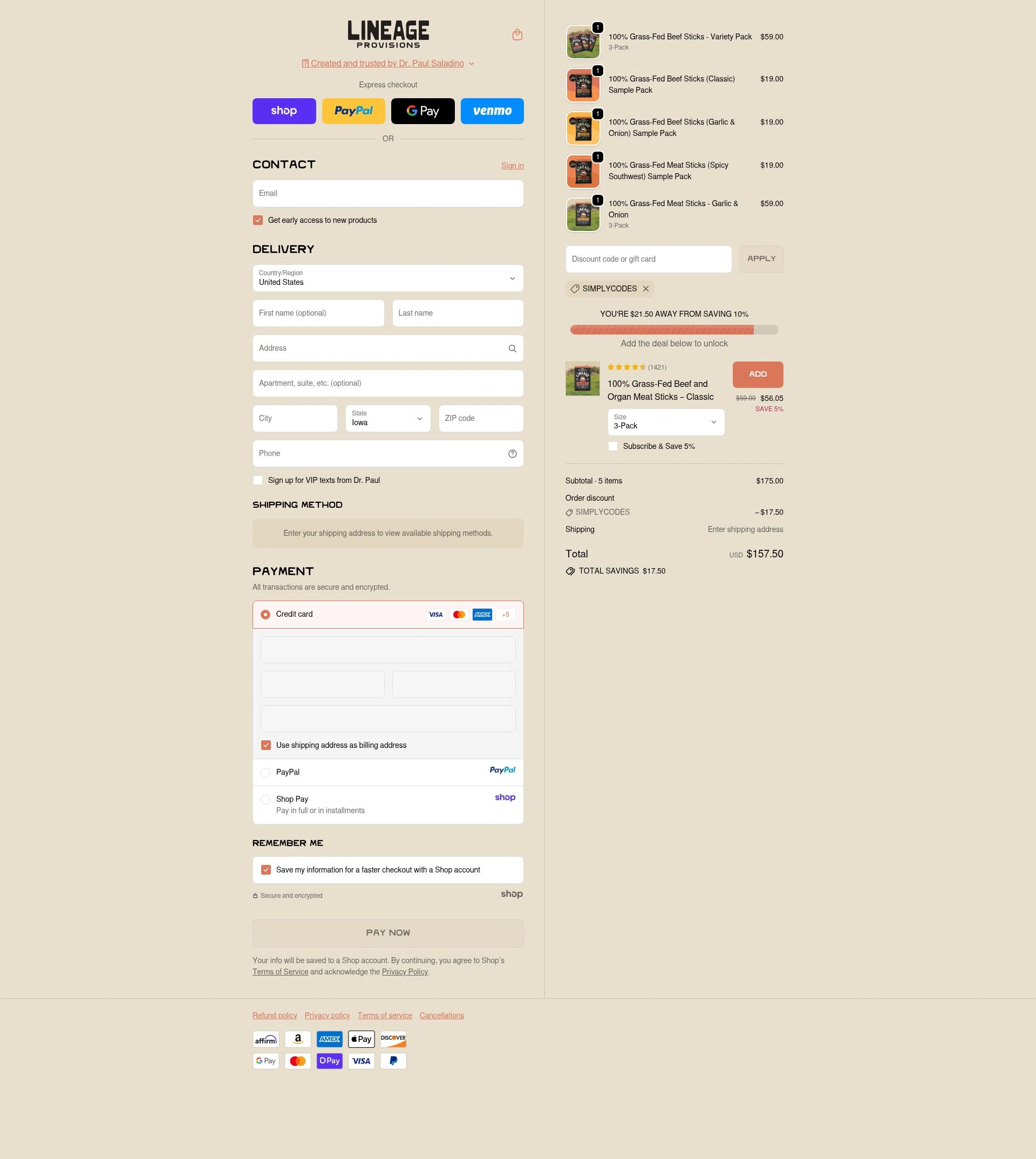 Lineage Provisions checkout page showing Lineage Provisions discount code box | Screenshot taken by SimplyCodes community member on Sep 18, 2025