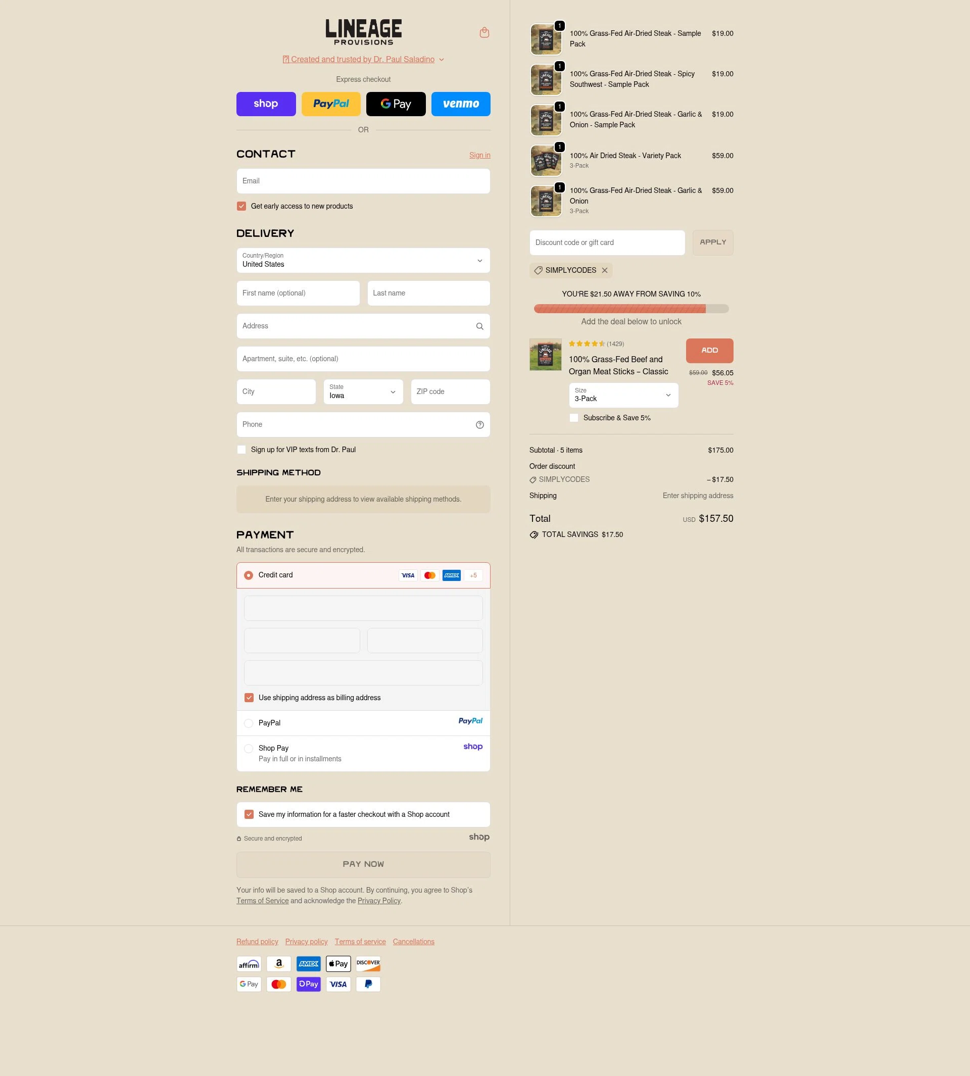 Lineage Provisions checkout page showing Lineage Provisions discount code box | Screenshot taken by SimplyCodes community member on Sep 22, 2025
