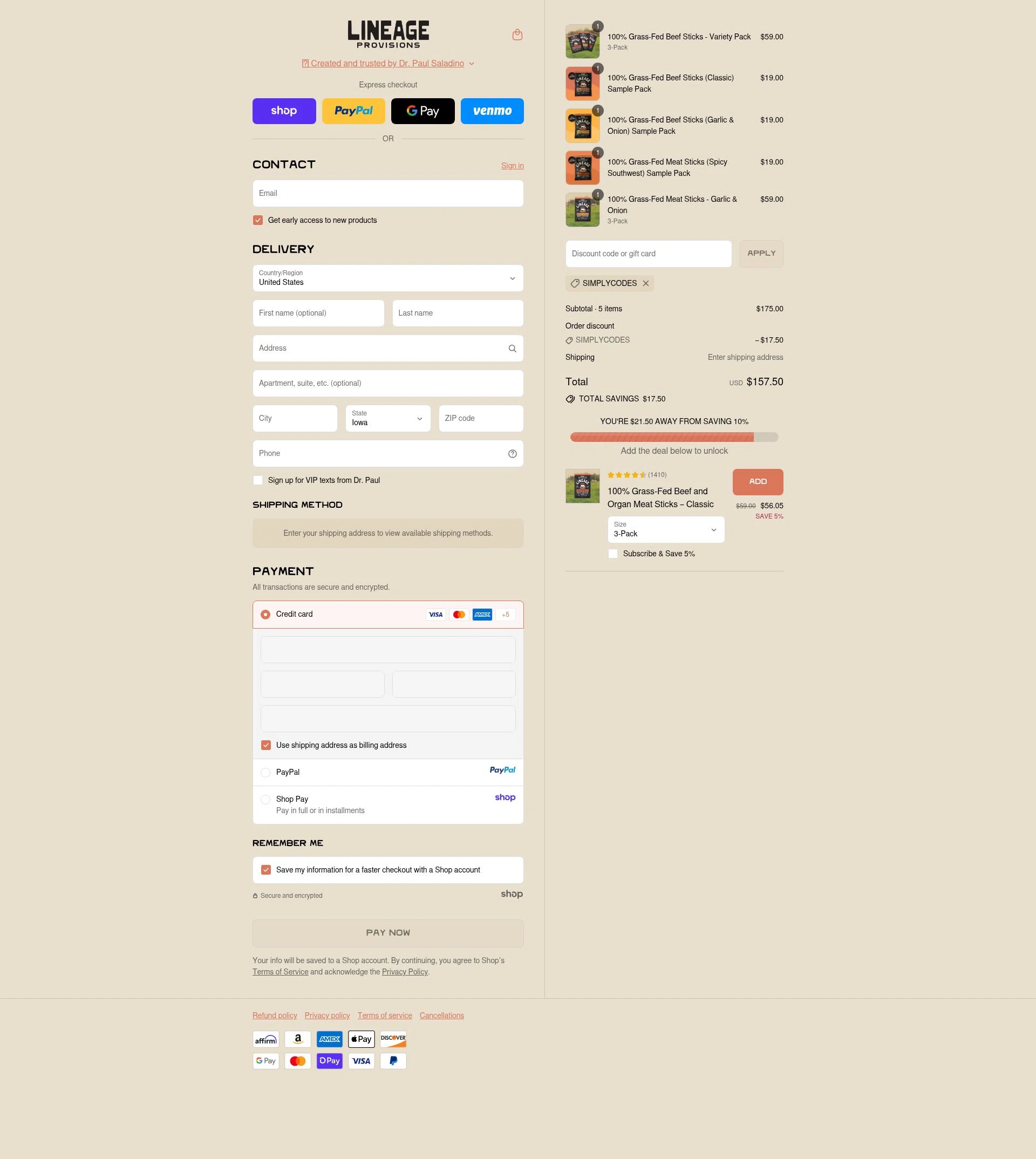 Lineage Provisions checkout page showing Lineage Provisions discount code box | Screenshot taken by SimplyCodes community member on Sep 9, 2025