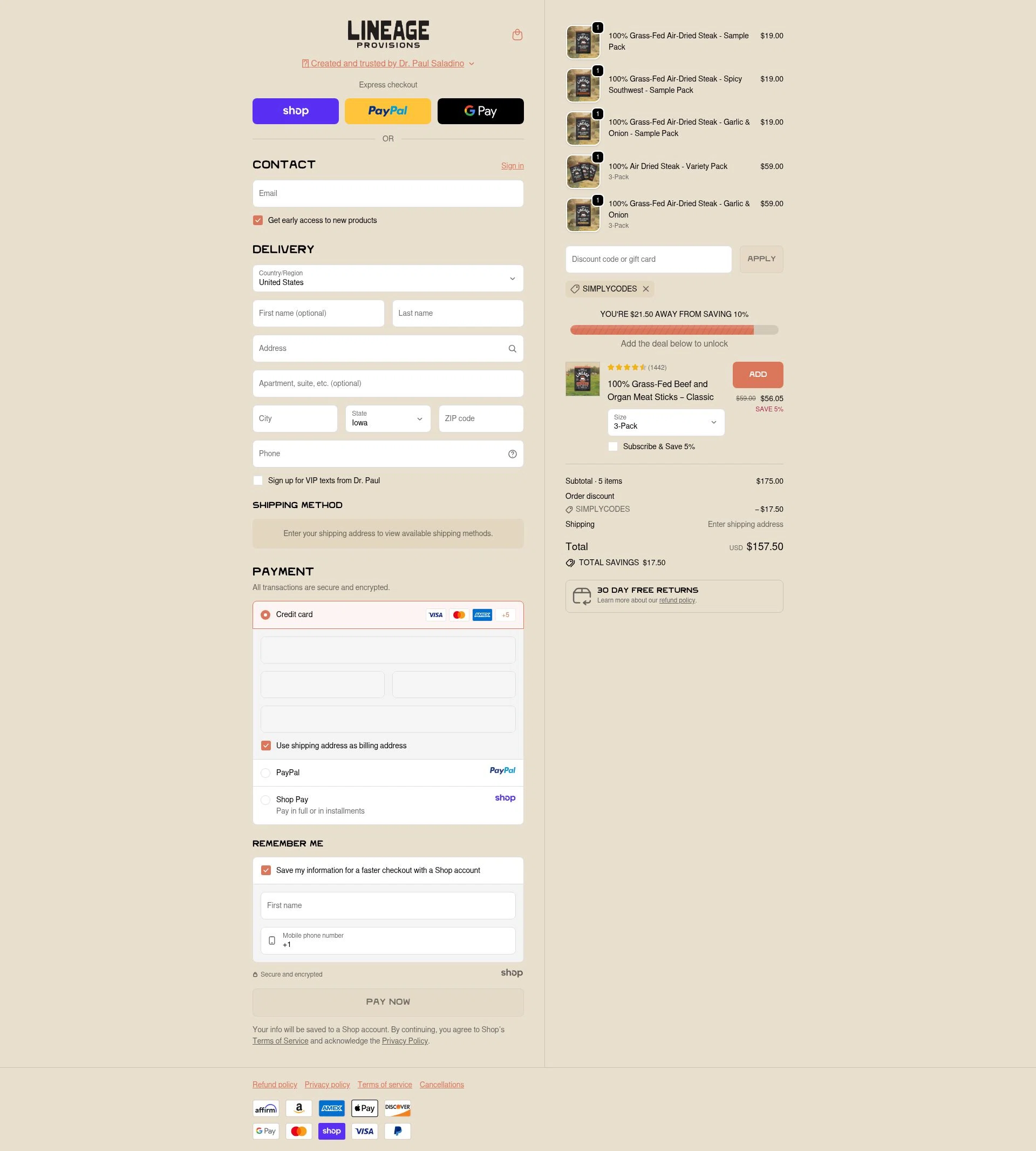Lineage Provisions checkout page showing Lineage Provisions discount code box | Screenshot taken by SimplyCodes community member on Sep 30, 2025
