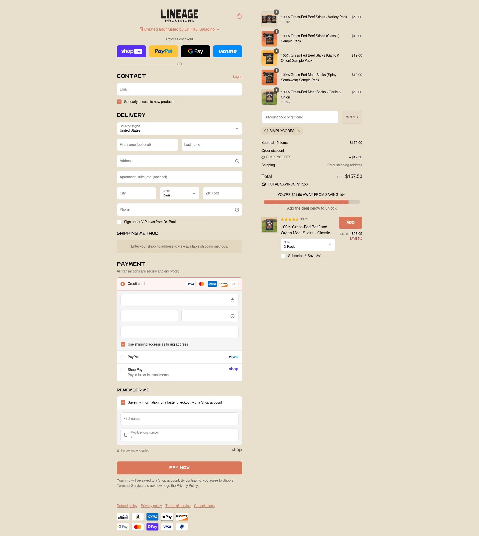 Lineage Provisions checkout page showing Lineage Provisions discount code box | Screenshot taken by SimplyCodes community member on Aug 24, 2025