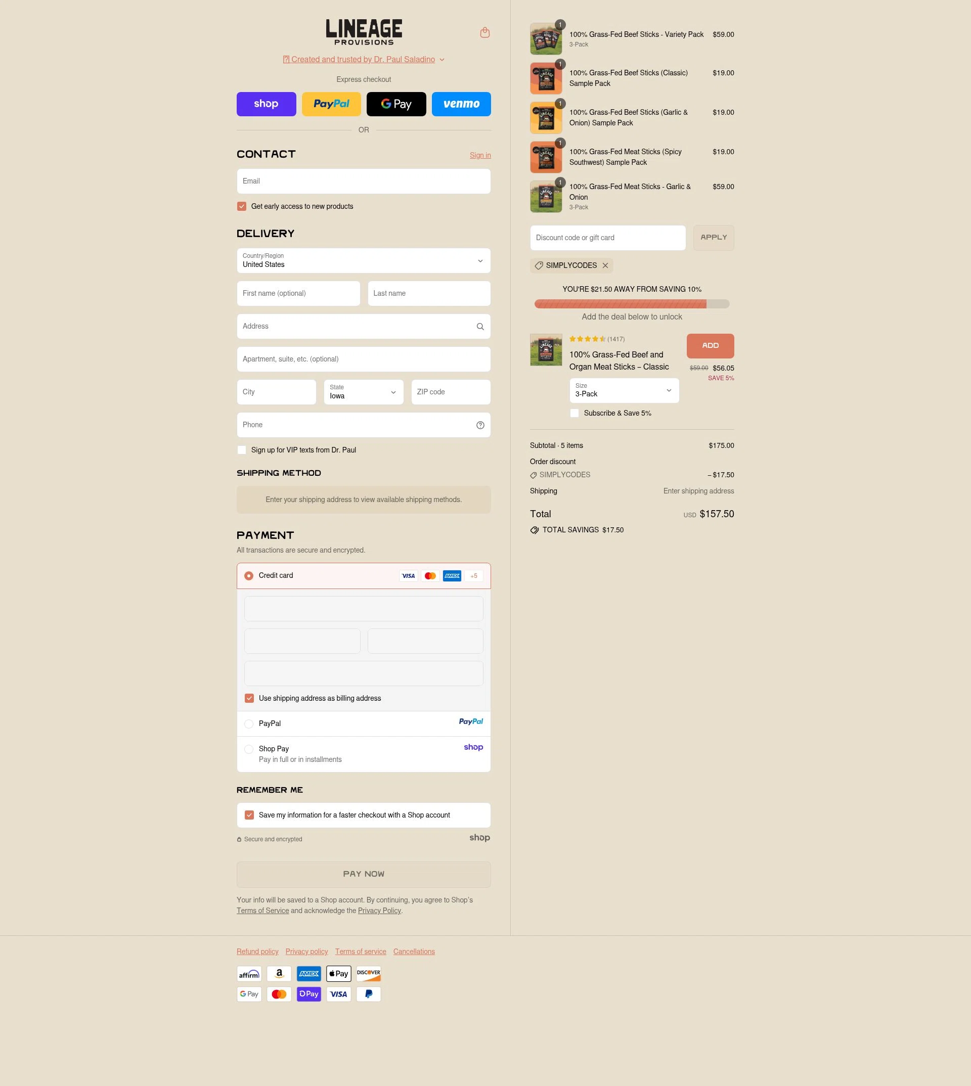 Lineage Provisions checkout page showing Lineage Provisions discount code box | Screenshot taken by SimplyCodes community member on Sep 13, 2025