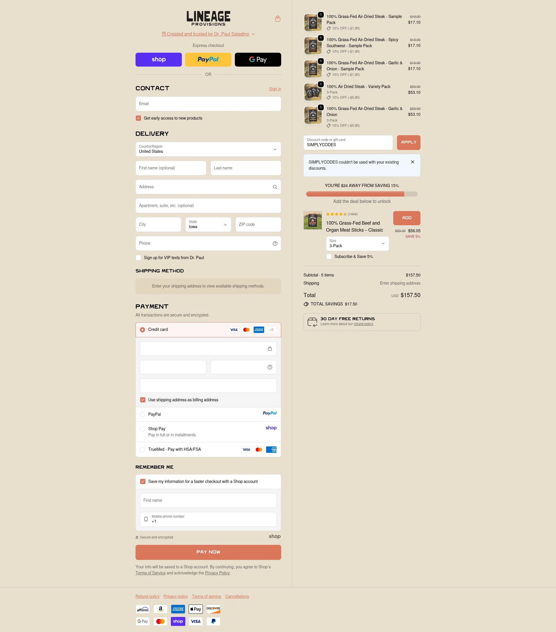 Lineage Provisions checkout page showing Lineage Provisions discount code box | Screenshot taken by SimplyCodes community member on Oct 4, 2025