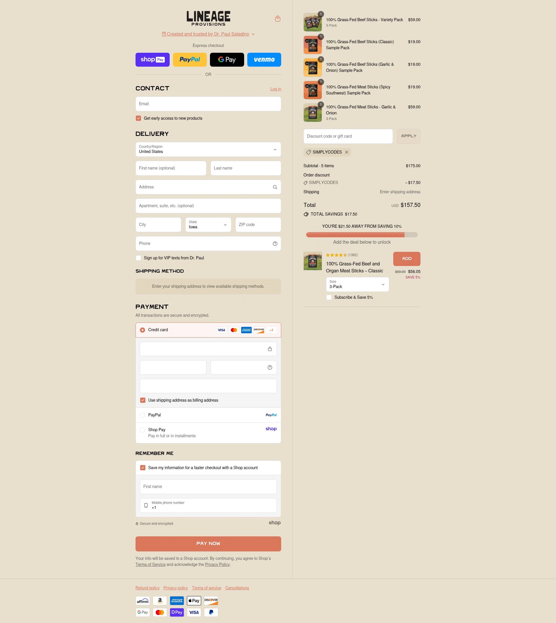 Lineage Provisions checkout page showing Lineage Provisions discount code box | Screenshot taken by SimplyCodes community member on Aug 28, 2025