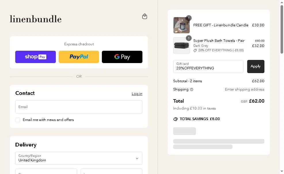 Linen Bundle checkout page showing Linen Bundle discount code box | Screenshot taken by SimplyCodes community member on May 26, 2025