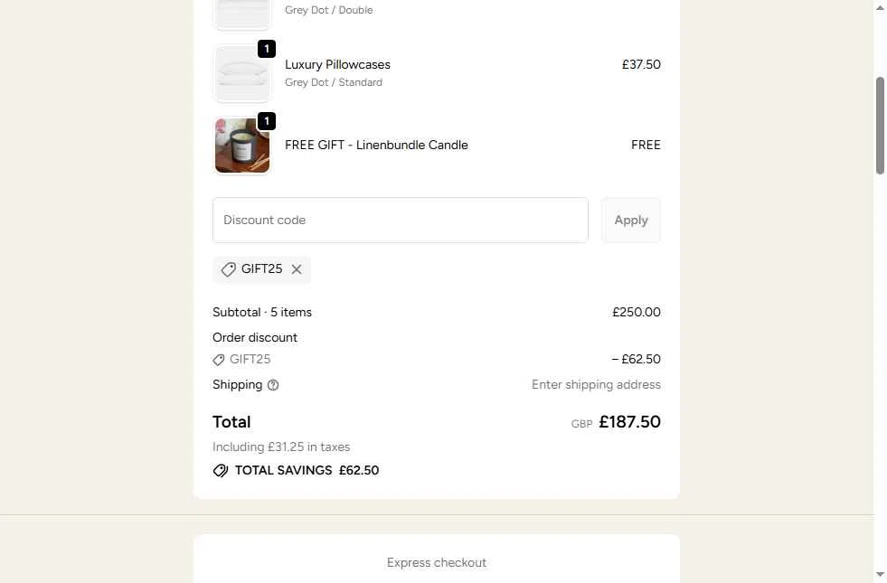 Linen Bundle checkout page showing Linen Bundle discount code box | Screenshot taken by SimplyCodes community member on Oct 6, 2025