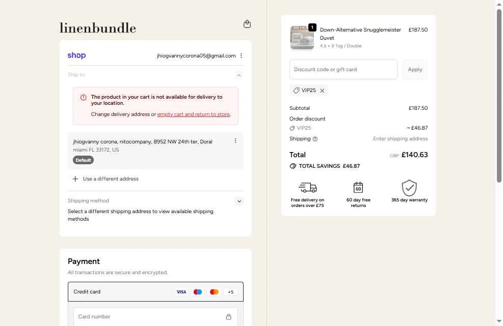 Linen Bundle checkout page showing Linen Bundle discount code box | Screenshot taken by SimplyCodes community member on Jan 3, 2026