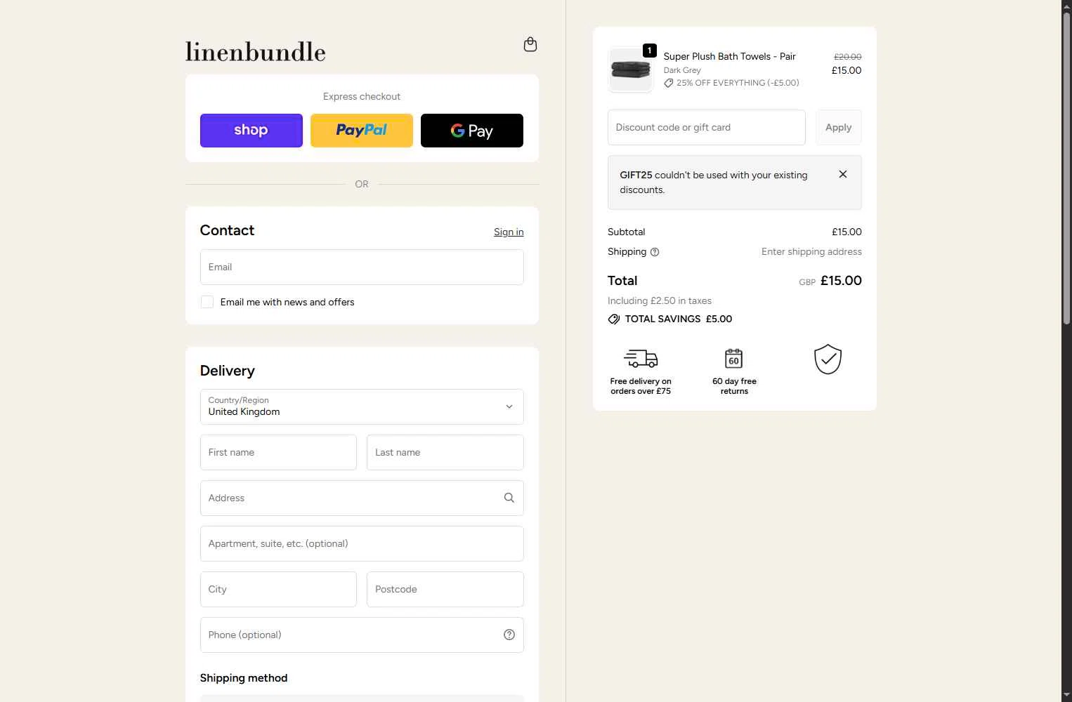 Linen Bundle checkout page showing Linen Bundle discount code box | Screenshot taken by SimplyCodes community member on Nov 27, 2025