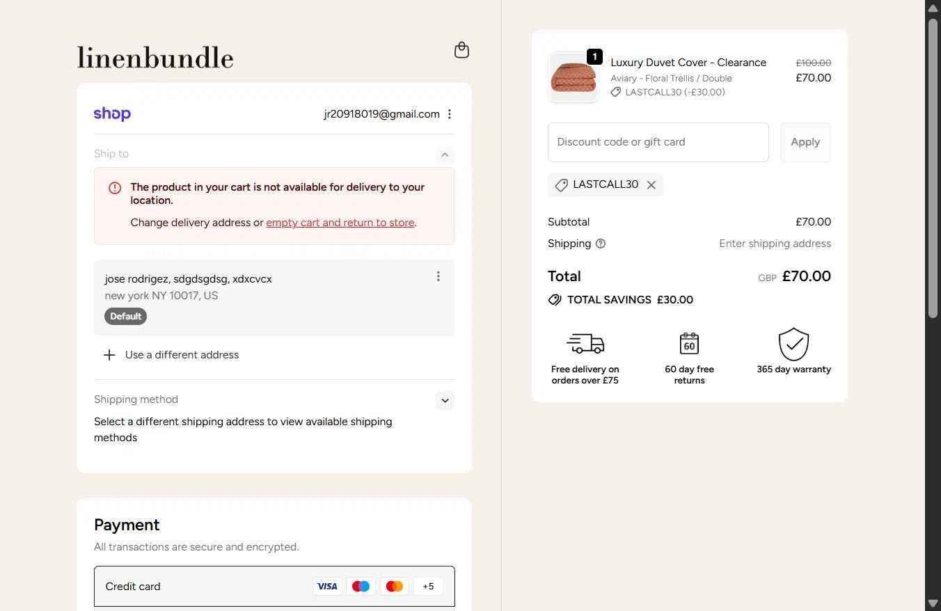 Linen Bundle checkout page showing Linen Bundle discount code box | Screenshot taken by SimplyCodes community member on Dec 11, 2025