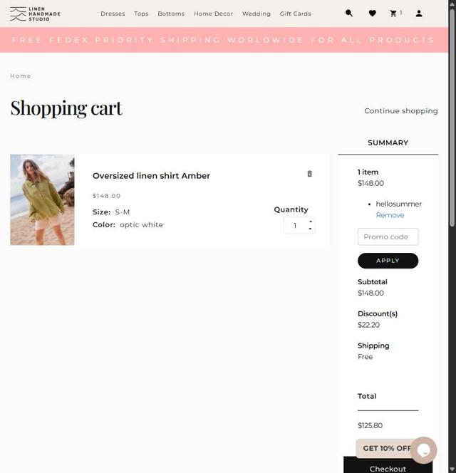 Linen Handmade Studio checkout page showing Linen Handmade Studio promo code box | Screenshot taken by SimplyCodes community member on Jun 30, 2025
