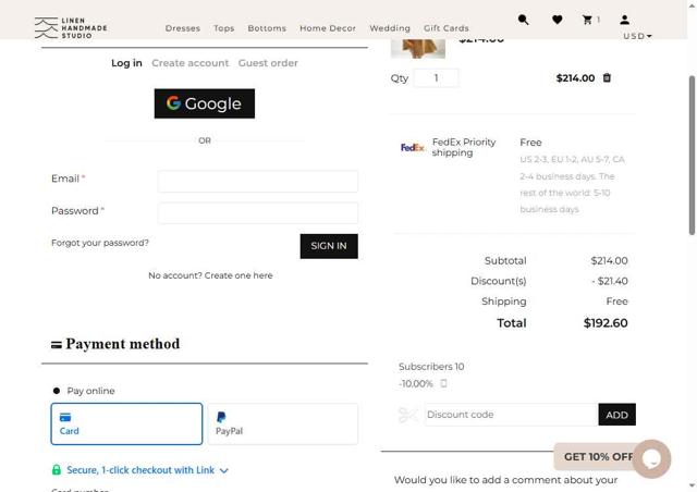 Linen Handmade Studio checkout page showing Linen Handmade Studio promo code box | Screenshot taken by SimplyCodes community member on Jul 25, 2025