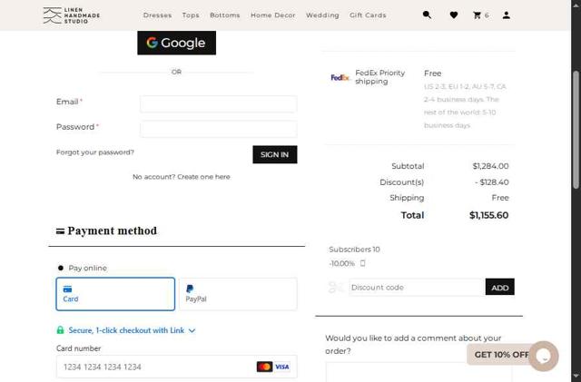 Linen Handmade Studio checkout page showing Linen Handmade Studio promo code box | Screenshot taken by SimplyCodes community member on Jul 25, 2025