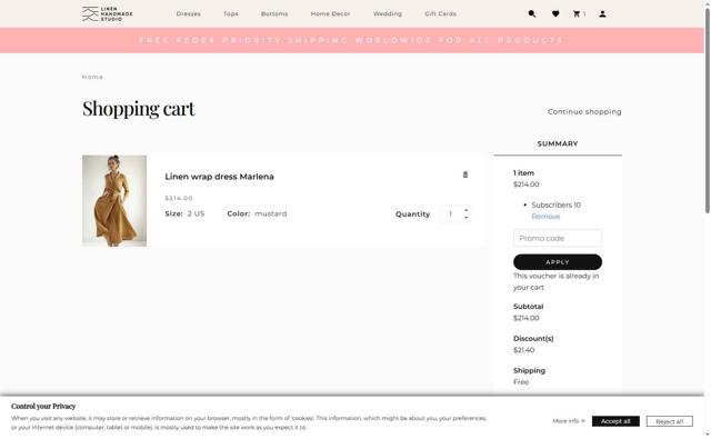 Linen Handmade Studio checkout page showing Linen Handmade Studio promo code box | Screenshot taken by SimplyCodes community member on Jul 25, 2025