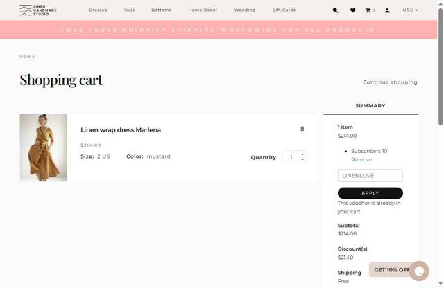 Linen Handmade Studio checkout page showing Linen Handmade Studio promo code box | Screenshot taken by SimplyCodes community member on Jul 13, 2025