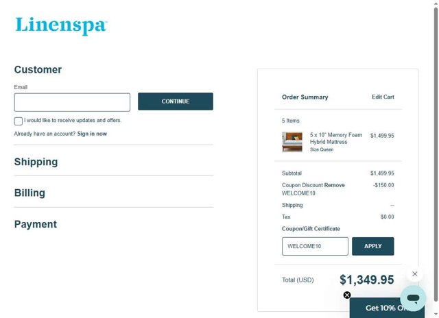 Linenspa checkout page showing Linenspa promo code box | Screenshot taken by SimplyCodes community member on Aug 23, 2025