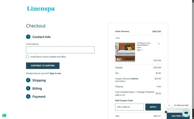 Linenspa checkout page showing Linenspa promo code box | Screenshot taken by SimplyCodes community member on Jul 19, 2025