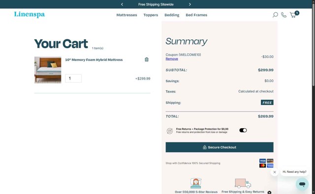 Linenspa checkout page showing Linenspa promo code box | Screenshot taken by SimplyCodes community member on Sep 4, 2025