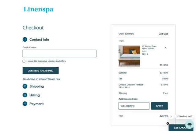 Linenspa checkout page showing Linenspa promo code box | Screenshot taken by SimplyCodes community member on Jul 19, 2025